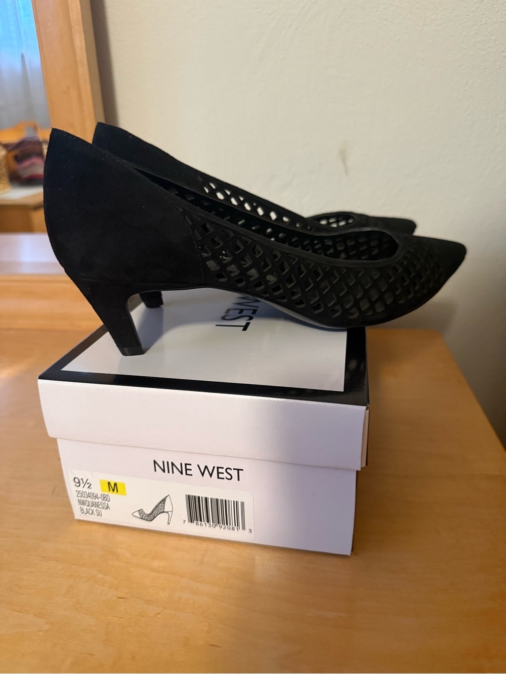 Nine West Black Laser-Cut Suede Mid Kitten Heels